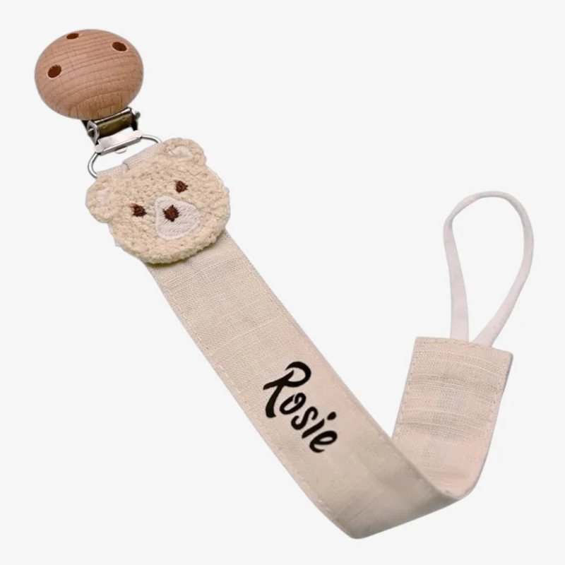 personalised beige bear, cotton dummy clip