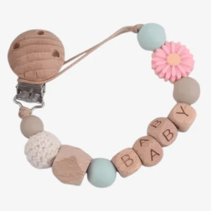 personalised wooden bead name dummy clip