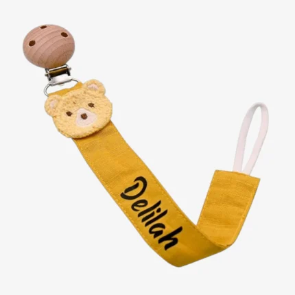 personalised yellow bear, cotton dummy clip