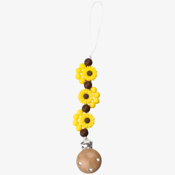yellow sunflower silicone dummy clip with brown beads